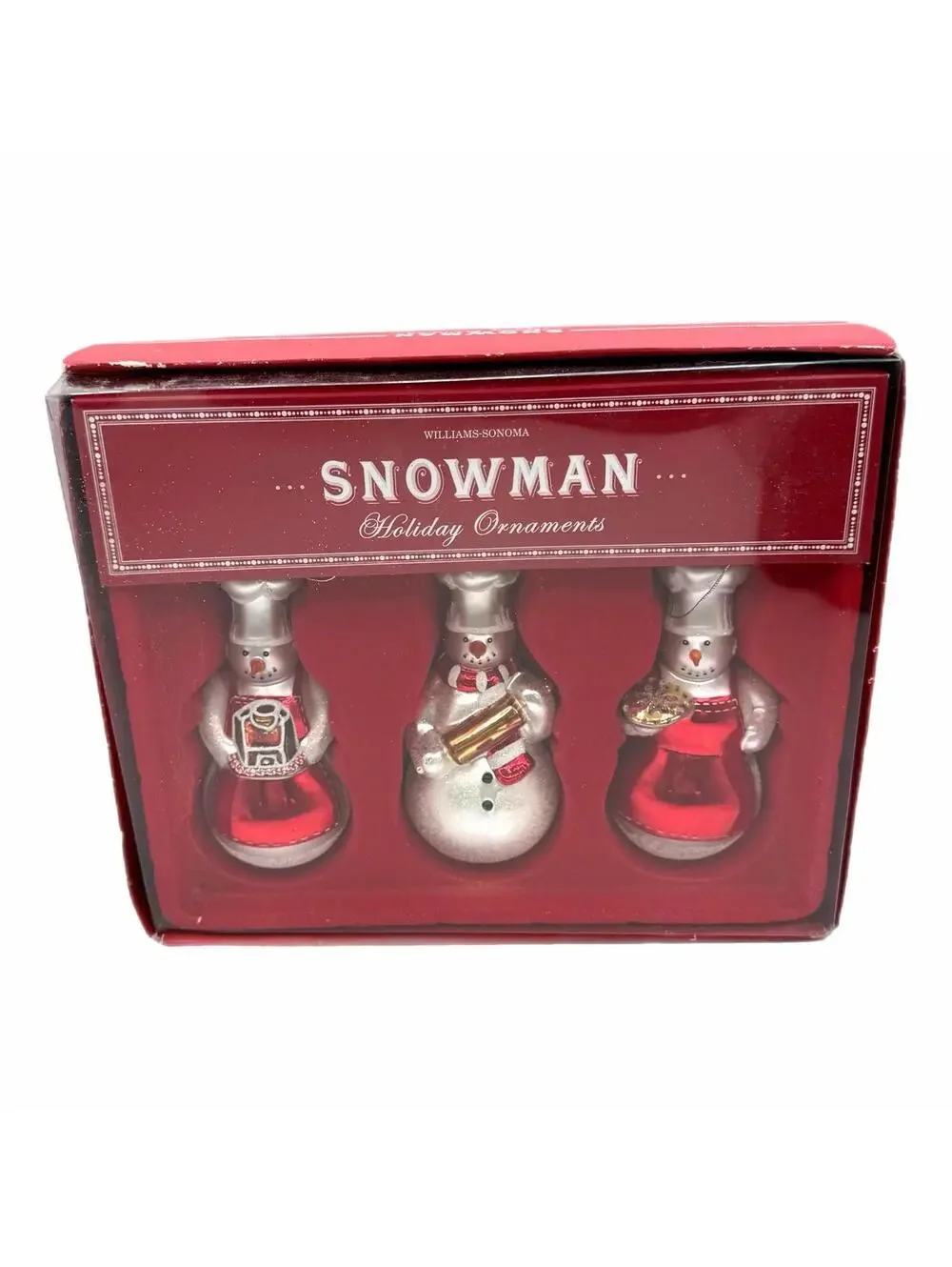 Vintage 2005 Williams-Sonoma 3-Piece Snowman Chefs Glass Blown Ornaments